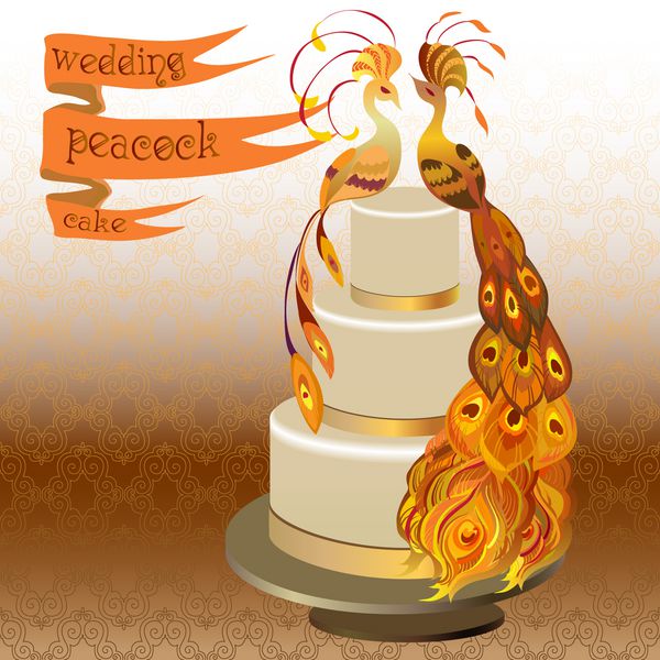 کیک عروسی با نخود فرنگی طرح طلایی نارنجی و زرد روبان با متن وکتور