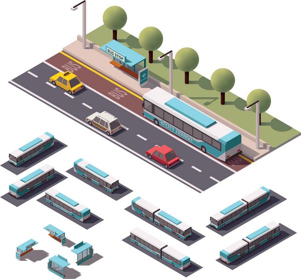 نماد وکتور ایزومتریک یا عنصر اینفوگرافیک نشان دهنده اتوبوس پلی کم ارتفاع در حال نزدیک شدن به ایستگاه اتوبوس در خیابان شامل اتوبوس های بلند و کوتاه در زوایای دید مختلف