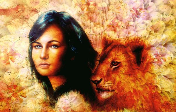 پرتره زن جوان با موهای بلند تیره و چشم آبی با پس زمینه گل نقاشی رنگی