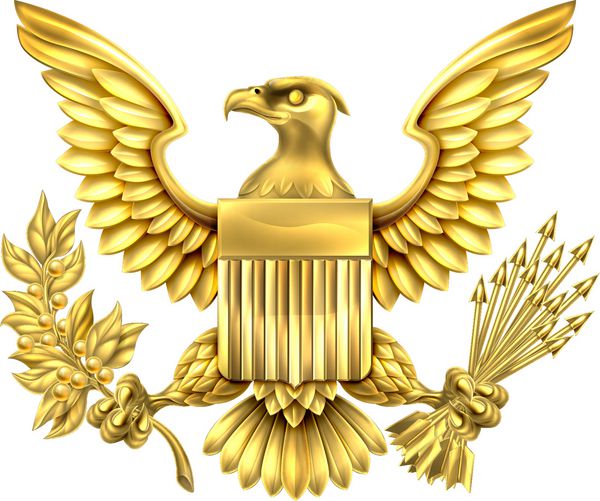 طرح عقاب طلایی آمریکایی با عقاب کچل ایالات متحده که شاخه زیتون در دست دارد و فلش هایی با سپر پرچم آمریکا