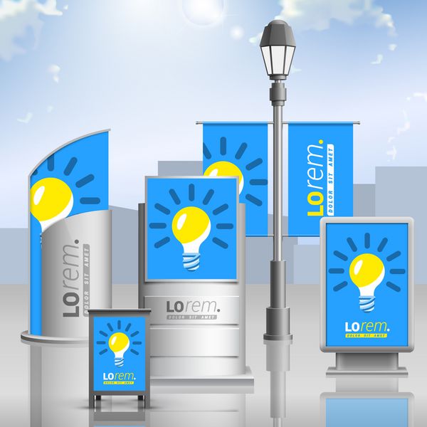 طراحی تبلیغات در فضای باز آبی برای هویت سازمانی با لامپ زرد مجموعه لوازم التحریر