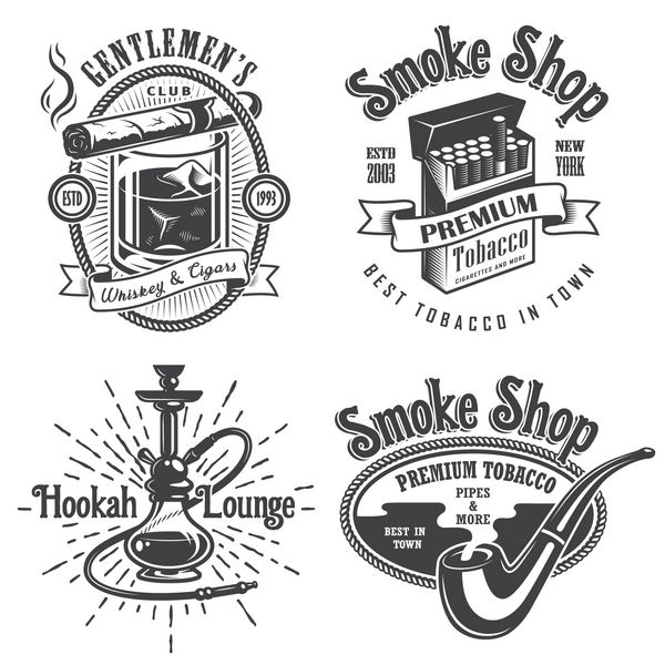 مجموعه ای از نشان های سیگار کشیدن تنباکو قدیمی برچسب نشان ها و لوگوها سبک تک رنگ جدا شده در زمینه سفید
