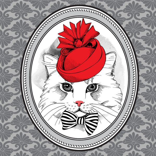 عکس در قاب با پرتره گربه در کلاه سلطنتی ظریف قرمز با کمان وکتور