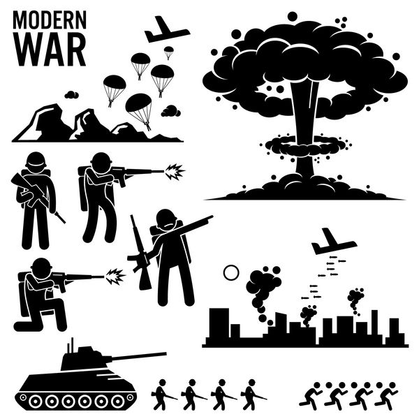 جنگ جنگ مدرن بمب هسته ای سرباز حمله تانک چوب شکل نمادهای پیکتوگرام