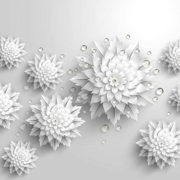 گل های تزئینی با قطرات شبنم به سبک سه بعدی سفید