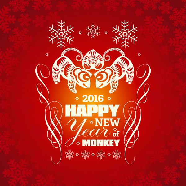 2016 وکتور پس زمینه کارت تبریک سال نو چینی با برش کاغذ سال میمون سال قمری آسیایی