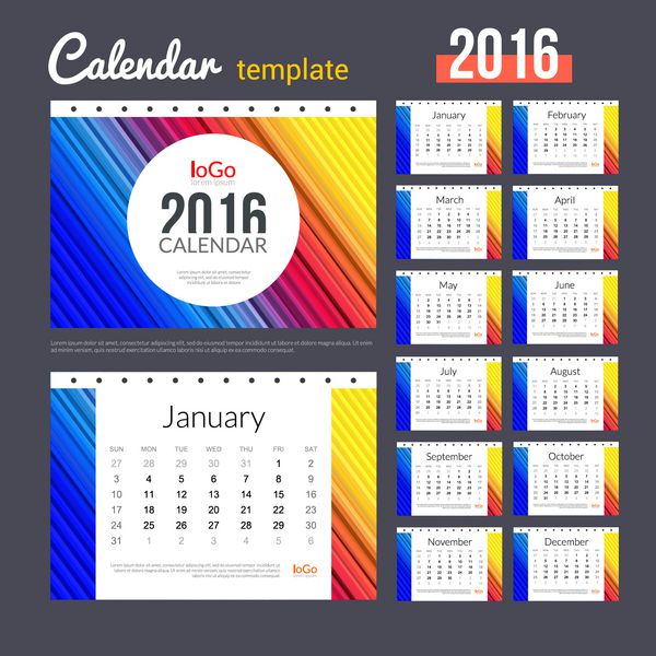 الگوی طراحی تقویم رومیزی 2016 با الگوی رنگارنگ مد روز انتزاعی مجموعه 12 ماهه وکتور