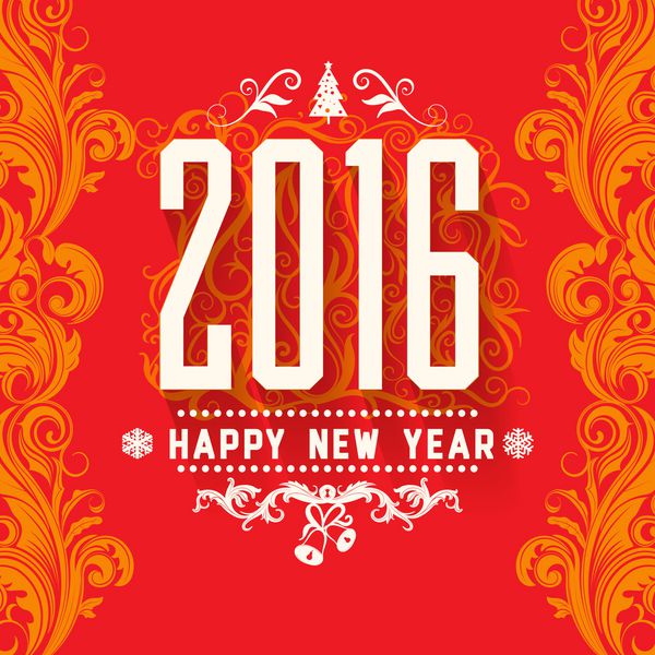 وکتور مدرن طرح رنگ قرمز زرد سفید کارت تبریک سال نو در پس زمینه قرمز با چرخش های زرد عنصر طراحی مسطح خلق و خوی روشن تبریک سال نو 2016