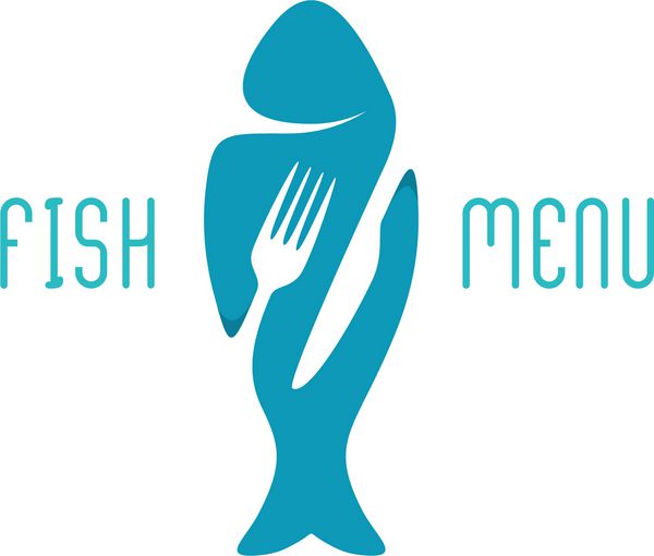 لوگوی عنوان منو رستوران غذای ماهی سیلوئت ماهی با چنگال و کارد و چنگال به سبک منفی sp