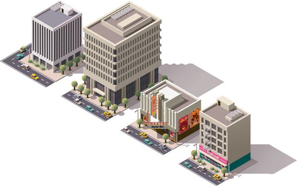 مجموعه آیکون های ایزومتریک وکتور یا عناصر اینفوگرافیک نشان دهنده ساختمان های کم شهر چند شهر - دفتر سینما ساختمان های آپارتمانی با مغازه ها در طبقه همکف