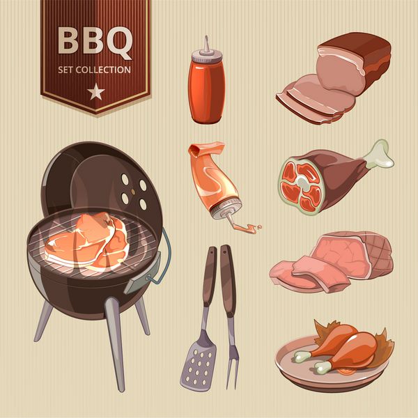 پوستر بیکیو وکتور عناصر گوشت bbq غذای گریل طراحی رترو تصویر استیک