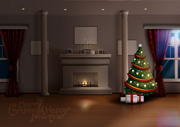اتاقی در شب ماه کامل کریسمس با درخت کریسمس و شومینه وکتور با جزئیات بالا با تمام عناصر در لایه های مختلف