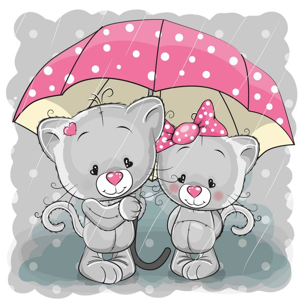 دو بچه گربه کارتونی زیبا با چتر زیر باران