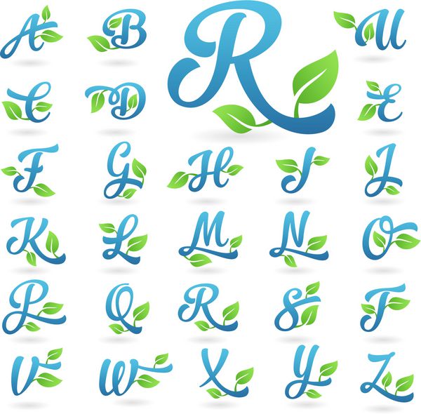 قالب طراحی لوگوی تجاری مجموعه حروف عناصر وکتور متن خوشنویسی انتزاعی برای نشان هویت شرکتی برچسب یا نماد طبیعت شرکت دوستدار محیط زیست