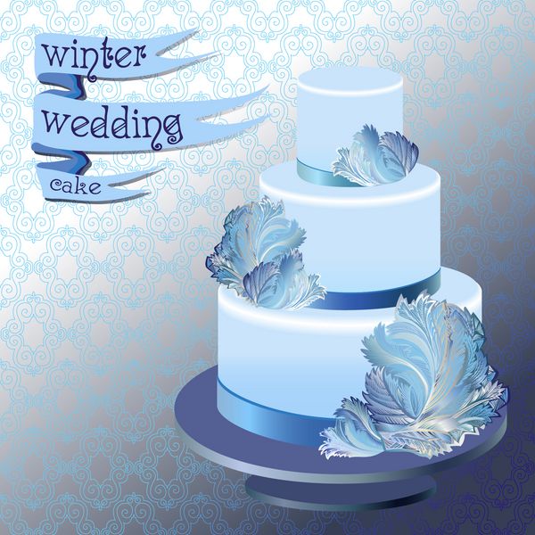 کیک عروسی با طرح شیشه یخ زده زمستانی طرح آبی روبان با متن وکتور