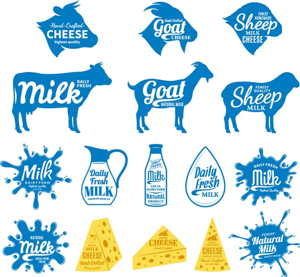 وکتور آرم پنیر و شیر آیکون های محصولات لبنی حیوانات مزرعه و پاشش شیر با متن نمونه مجموعه نمادهای پنیر و شیر برای مواد غذایی فروشگاه های کشاورزی بسته بندی و تبلیغات