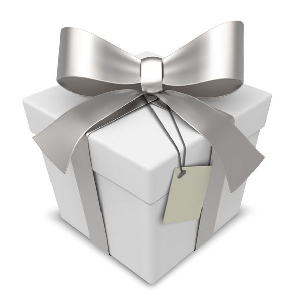 جعبه هدیه وکتور جعبه هدیه کلاسیک سفید با روبان های نقره ای برچسب خالی برای کپی sp