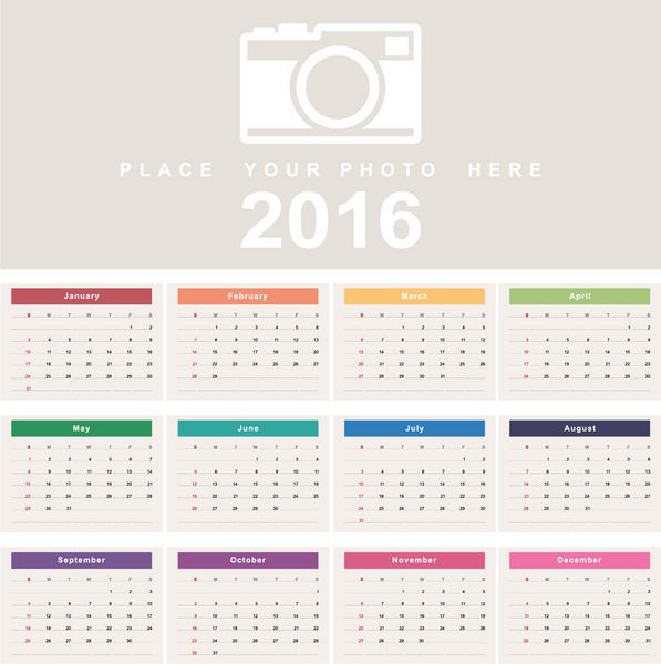 تقویم 2016 هفته از یکشنبه شروع می شود بردار