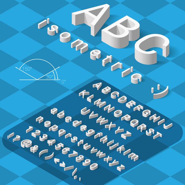 الفبای فونت ایزومتریک با سایه در پس زمینه آبی وکتور فونت ایزومتریک الفبای ایزومتریک abc ایزومتریک