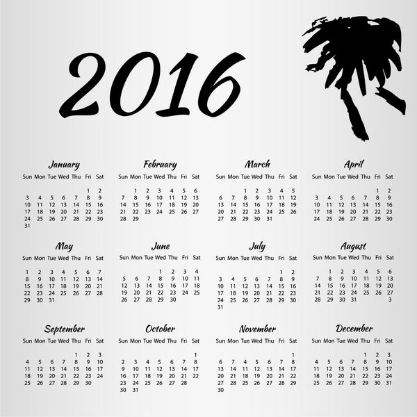 تقویم 2016 با لکه جوهر روی پس زمینه سفید با شروع هفته از یکشنبه وکتور