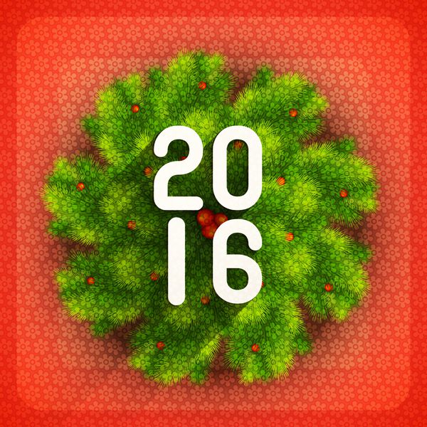 طرح کارت پستال زیبا با متن براق 2016 روی شاخه های درخت صنوبر برای جشن سال نو مبارک