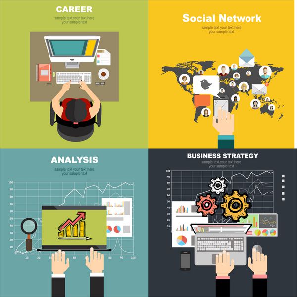 مجموعه ای از مفاهیم تصویرسازی طراحی مسطح برای تجارت امور مالی مشاوره مدیریت منابع انسانی شغل آژانس استخدام فناوری