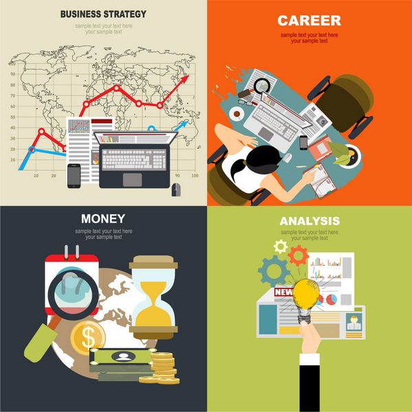 مجموعه ای از مفاهیم تصویرسازی طراحی مسطح برای تجارت امور مالی مشاوره مدیریت منابع انسانی شغل آژانس استخدام آموزش کارکنان پول فناوری راه اندازی خلاقیت
