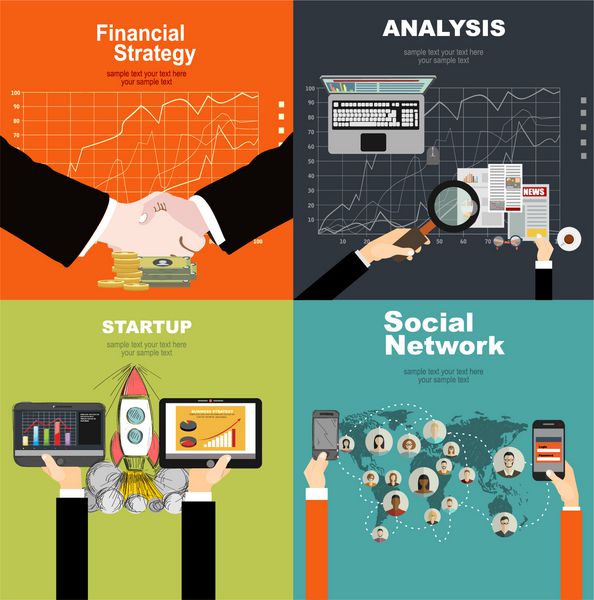 مجموعه ای از مفاهیم تصویرسازی طراحی مسطح برای کسب و کار امور مالی مشاوره مدیریت منابع انسانی شغل آژانس استخدام راه اندازی فناوری