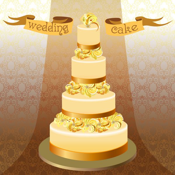 کیک عروسی با پر نخود طرح بالا زرد طلایی روبان با متن وکتور