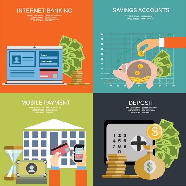 مجموعه ای از مفاهیم تصویرسازی طراحی تخت برای تجارت امور مالی سپرده حساب های پس انداز بانکداری اینترنتی و پرداخت های موبایلی