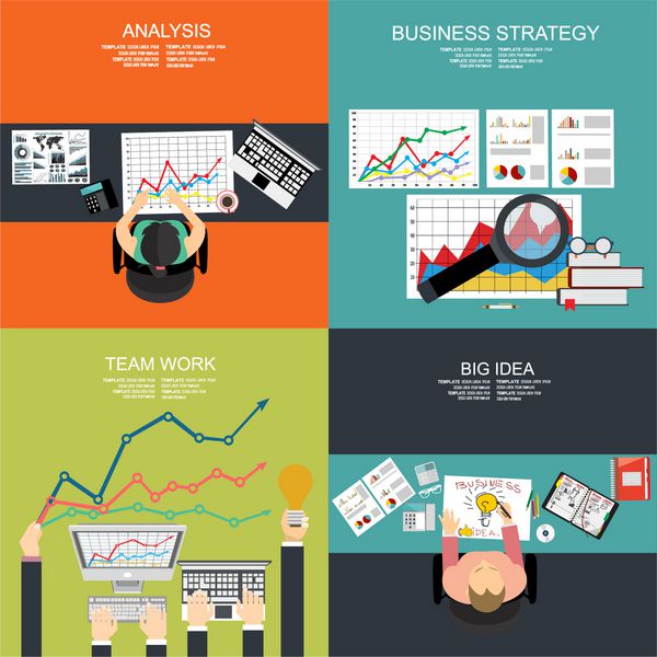 مجموعه ای از مفاهیم تصویرسازی طراحی مسطح برای تجارت امور مالی مشاوره مدیریت کار تیمی آژانس کاریابی فناوری