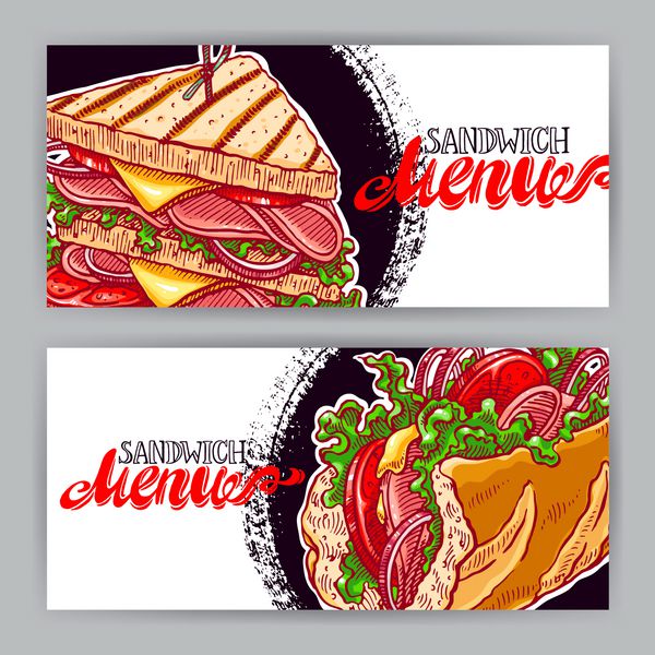 دو بنر افقی با ساندویچ های خوشمزه تصویر طراحی شده با دست