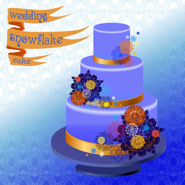 کیک عروسی با دانه های برف زمستانی و ستاره قالب طرح آبی و نارنجی طلایی عروسی زمستانی برای عروسی شما با عشق روبان با متن کیک عروسی دانه های برف وکتور
