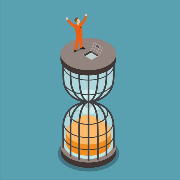 آزاد شده از زندان تخت 3 بعدی ایزومتریک مدت حبس مفهوم وکتور وب پرنده زندانی در بالای قفس ساعت شنی شکل مجموعه افراد خلاق