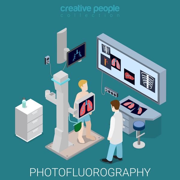 وکتور وب مفهومی پزشکی بیمارستان ایزومتریک سه بعدی فرآیند پوفلوروگرافی تجهیزات داخلی اتاق پزشکی مجموعه افراد خلاق
