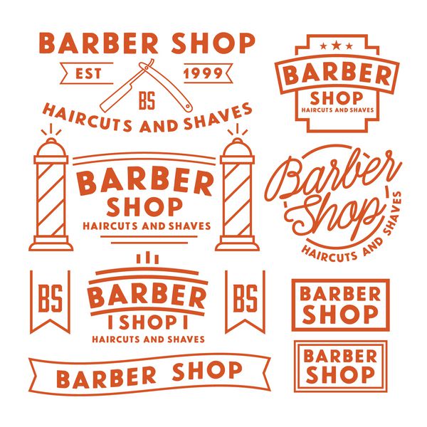 مجموعه ای از لوگو برچسب ها نشان ها و عناصر طراحی مغازه ی قدیمی کوتاه کردن مو و اصلاح