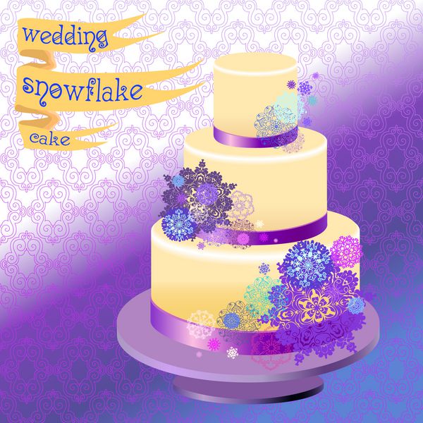 کیک عروسی با دانه های برف زمستانی و ستاره قالب طرح بنفش و آبی عروسی زمستانی برای عروسی شما با عشق روبان و متن دانه های برف کیک عروسی پس زمینه بنفش وکتور