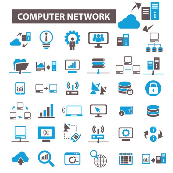 شبکه کامپیوتری اتصال میزبانی پایگاه داده آیکون های کامپیوتر مجموعه مفهوم بردار نشانه ها برای اینفوگرافیک تلفن همراه وب سایت برنامه