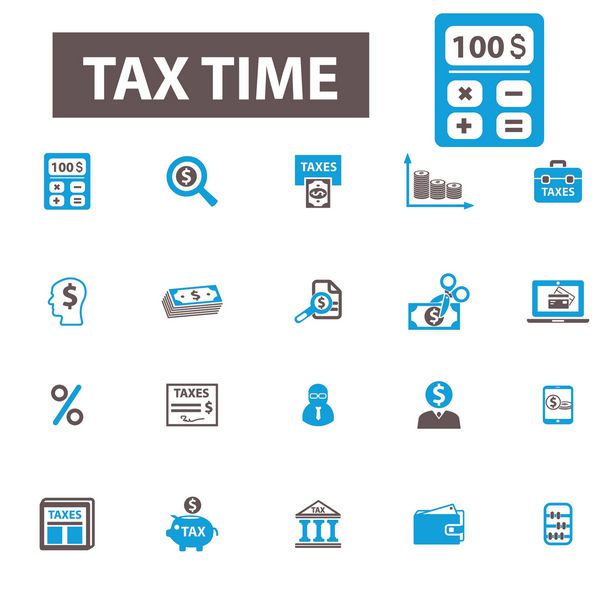 زمان مالیات حسابداری نمادهای ماشین حساب علائم بردار مفهوم مجموعه ای برای اینفوگرافیک تلفن همراه وب سایت برنامه