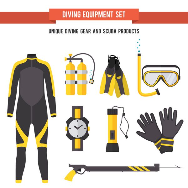 مجموعه ای از تجهیزات با عناصر زرد صاف برای غواصی و نیزه ماهیگیری در دریا رودخانه ها و دریاچه ها