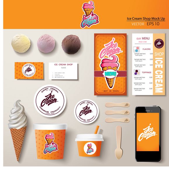 مجموعه طراحی قالب هویت سازمانی وکتور بستنی ماکت برندینگ