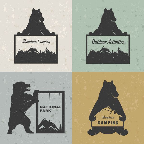 وکتور خرس با علامت نصب کمپینگ در پس زمینه سفید نماد خرس را می توان برای چاپ تی شرت برچسب ها نشان ها برچسب ها و لوگوتایپ ها استفاده کرد