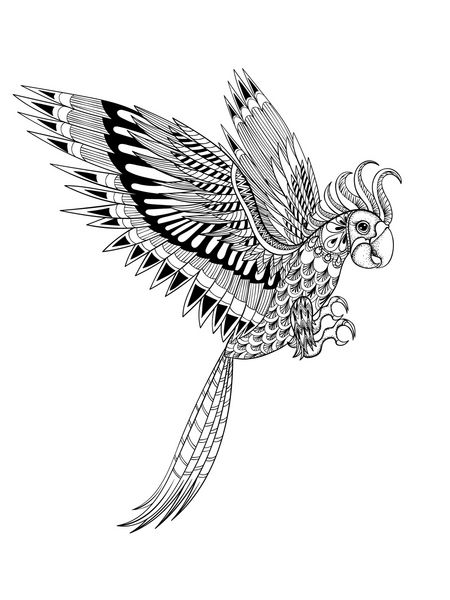 طوطی قبیله ای زینتی با دست طراحی شده توتم پرنده برای بزرگسالان صفحه رنگ آمیزی ضد استرس به سبک زنتاگل تصویر پرنده در طرح ابله برای چاپ طرح وکتور سایز a4