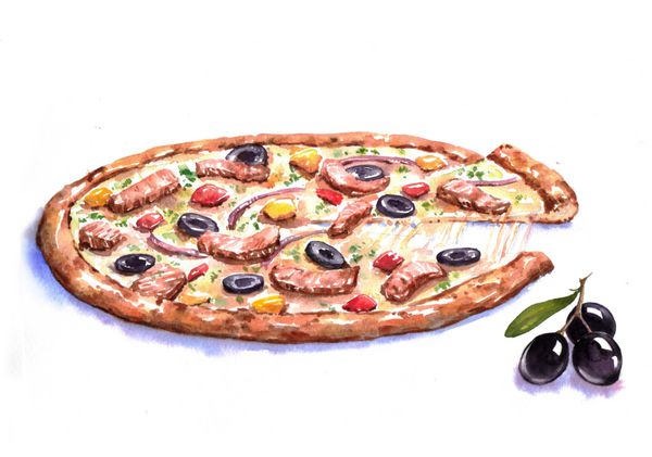 تصویر آبرنگ دستی از پیتزا با گوشت و زیتون طراحی غذای فست ایتالیایی جدا شده در پس زمینه سفید