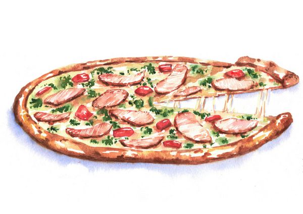 تصویر آبرنگ دستی از پیتزا با گوشت مرغ و فلفل چیلی قرمز طراحی غذای فست ایتالیایی جدا شده در پس زمینه سفید