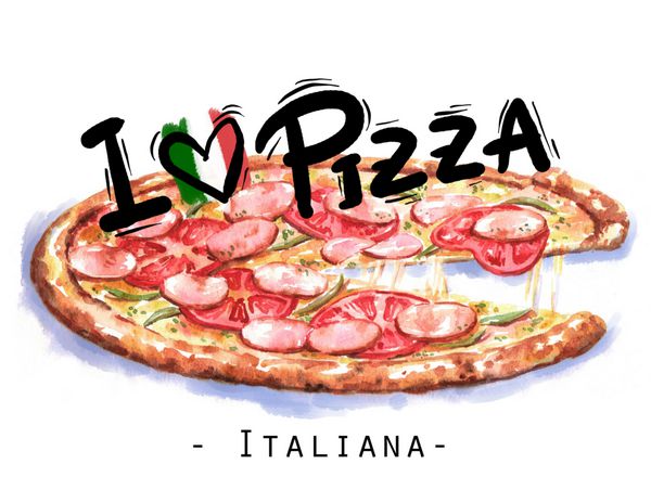 تصویر آبرنگ دستی از پیتزا من عاشق تصویر سازی پیتزا هستم طراحی غذای فست ایتالیایی جدا شده در پس زمینه سفید