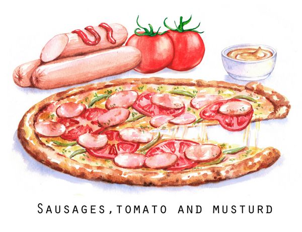 تصویر آبرنگ دستی از پیتزا با سوسیس گوجه فرنگی و سس خامه ای طراحی غذای فست ایتالیایی جدا شده در پس زمینه سفید