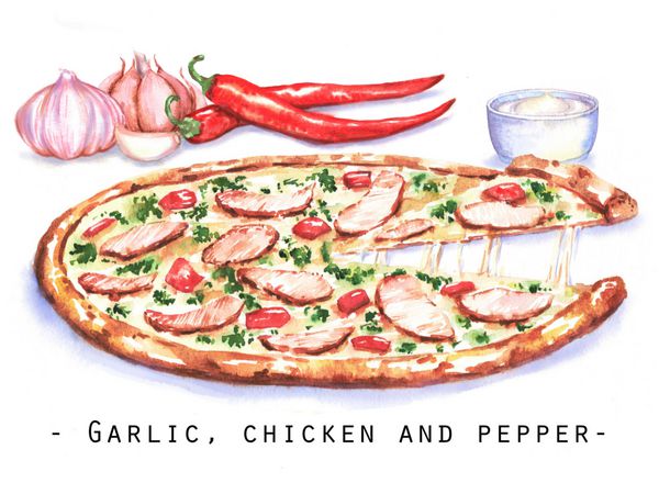 تصویر آبرنگ دستی پیتزا با گوشت مرغ سیر و فلفل چیلی قرمز طراحی غذای فست ایتالیایی جدا شده در پس زمینه سفید