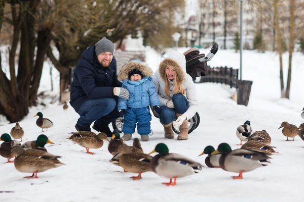خانواده جوان شاد در حال قدم زدن در پارک زمستانی یک خانواده سه نفره در برف زمستانی