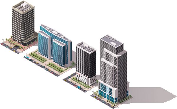 مجموعه آیکون های ایزومتریک وکتور یا عناصر اینفوگرافیک که نمایانگر آپارتمان و ساختمان های اداری آسمان خراش کم شهر با جاده های خیابانی و اتومبیل برای ایجاد نقشه شهر است